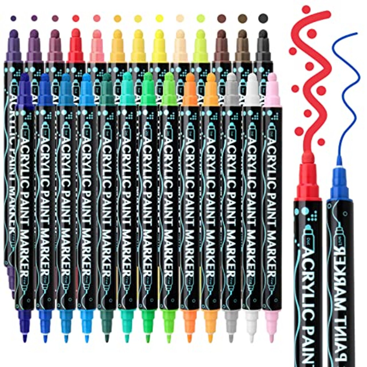 24 Colors Acrylic Paint Markers, Dual Tip Paint Pens For Rock Painting Wood Canvas Plastic Metal And Stone, Acrylic Dot Markers For DIY Crafts Making Art Supplies